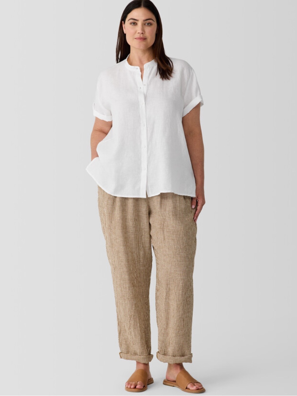 Eileen Fisher Organic Handkerchief Linen Mandarin Collar Short-Sleeve Shirt